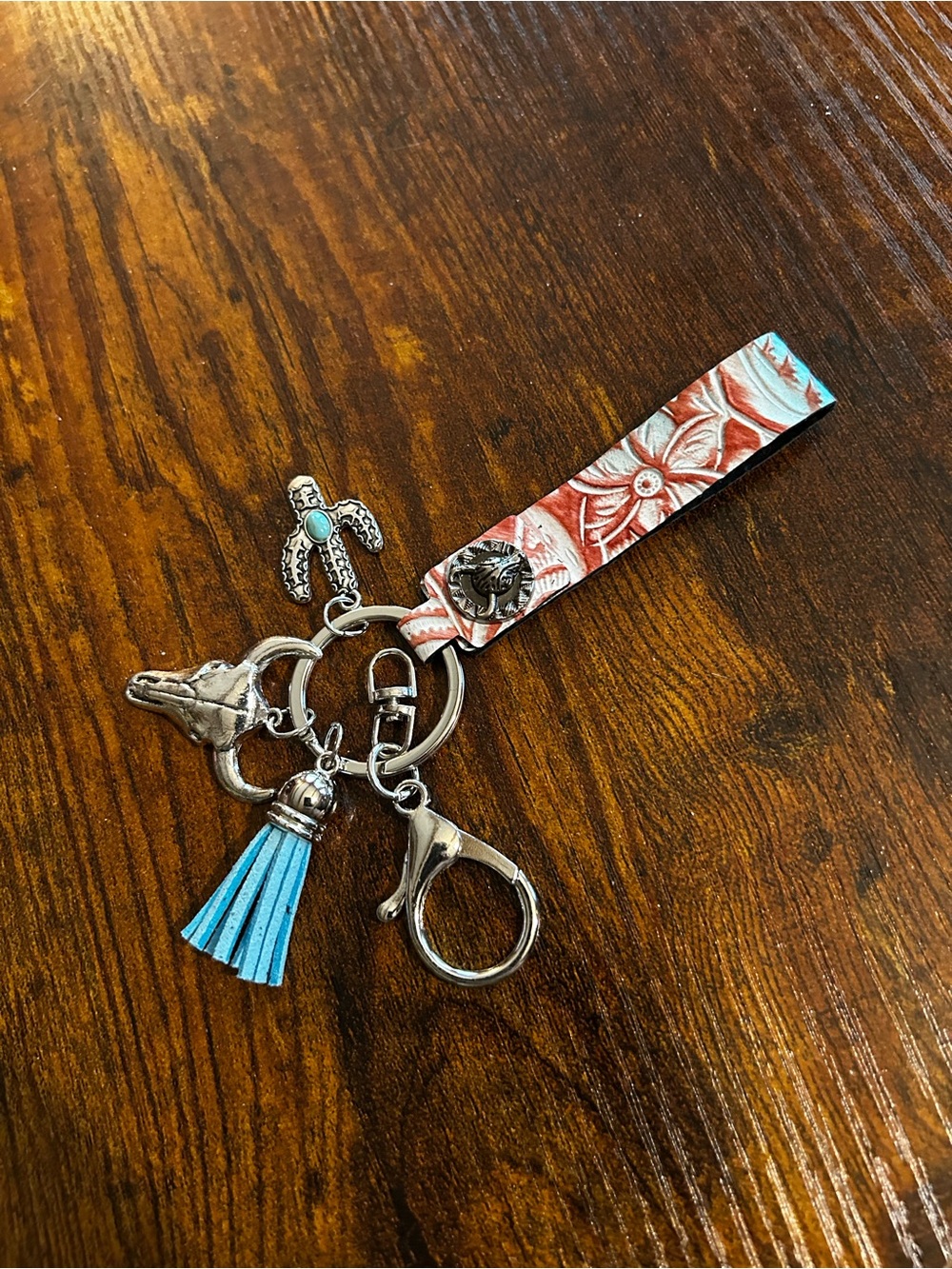 Turquoise Tassel & Coral Floral Wristlet Key Holder
